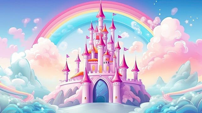 Rainbow unicorn castle in the cloud sky of fantasy background