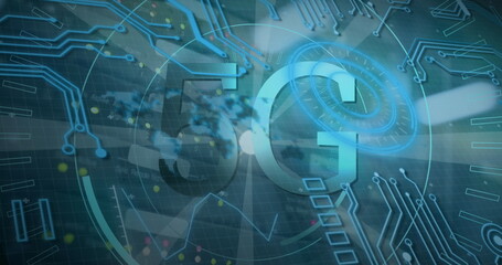 Image of data processing and 5g text over cables of computer server