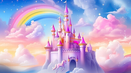 Rainbow unicorn castle in the cloud sky of fantasy background