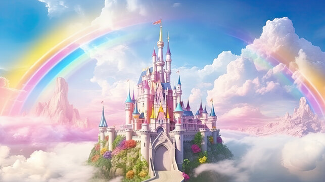 Rainbow unicorn castle in the cloud sky of fantasy background