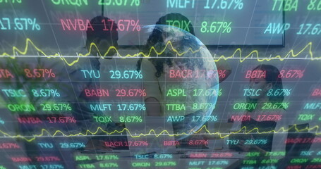 Image of financial data processing over globe and world map