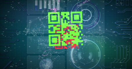 Image of colourful qr codes over communication network and data processing charts on interface