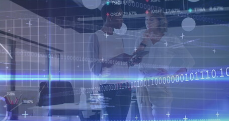 Image of data processing over woman with laptop