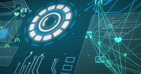 Image of network of media icons over scanner and data processing on dark interface