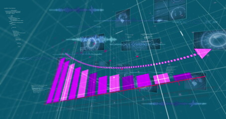 Image of pink graph over data processing and charts on dark interface