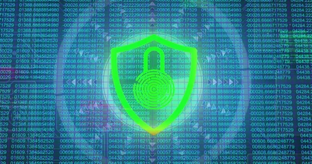 Poster Image of green and red flashing padlock over scanner and data processing © vectorfusionart