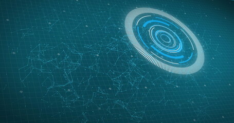 Image of biometric fingerprint scanner over interface with data processing on blue background