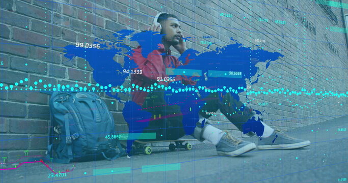 Image of data processing over biracial man wearing headphones