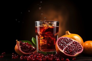 Fresh pomegranate fruit, glass of delicious juice, scattered seeds, and blossoms on the table