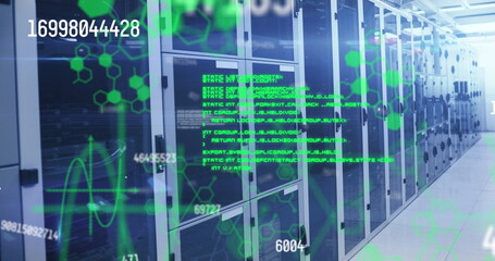 Image of numbers and data processing over computer servers