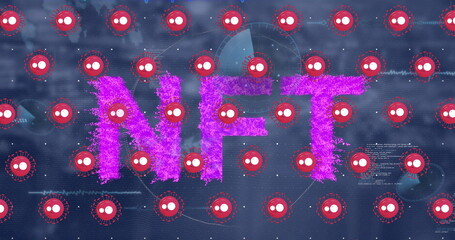 Image of falling cells and nft text on dark background