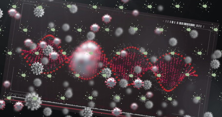 Image of falling cells and dna strand on dark background