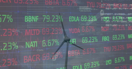 Image of stock market data processing over spinning windmill against blue sky