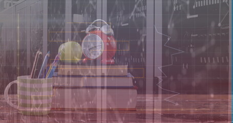 Image of data processing over server room and school items