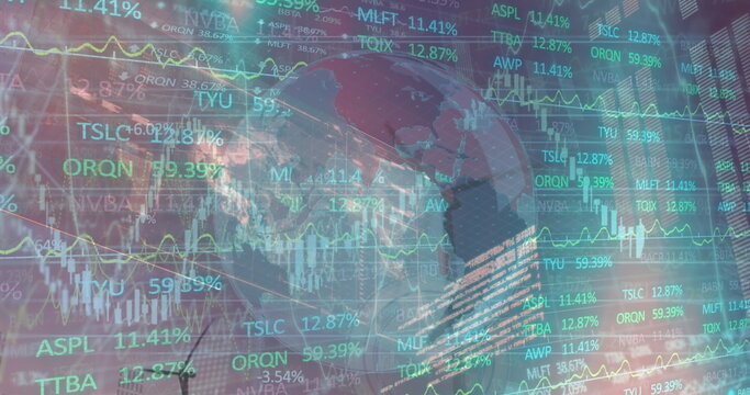Image of financial and stock market data processing over globe against spinning windmill