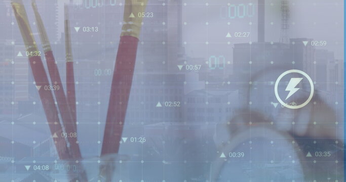 The image is a digitally generated illustration of data processing over a cityscape