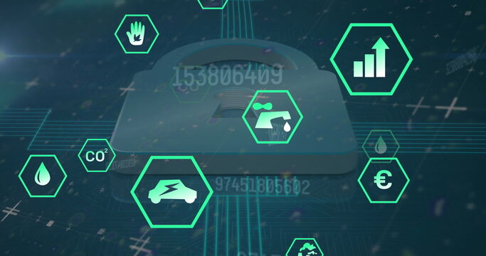 Image of data processing and ecology icons over padlock - Powered by Adobe