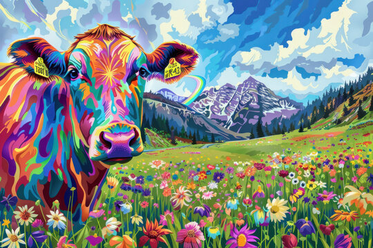  A vibrant, colorfully painted cow stands amidst a wildflower meadow with a mountain range and rainbow behind it