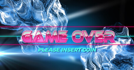 Image of game over text banner over blue light spot and digital waves against black background