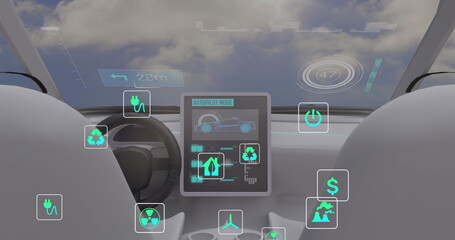 Image of data processing and ecology icons over car and clouds