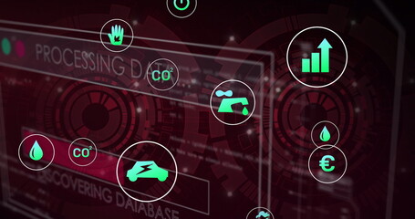 Image of data processing and ecology icons over scope scanning