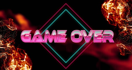 Image of game over text banner over light spot and red digital waves against black background