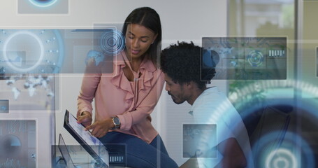 Image of data processing with scope scanning over diverse business people working at office