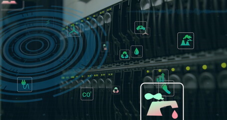 Image of data processing and ecology icons over server room