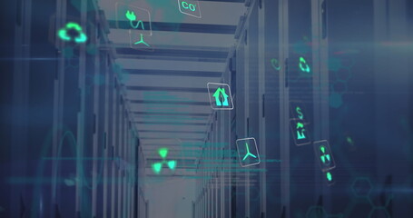 Image of data processing and ecology icons over server room