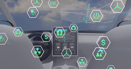 Image of data processing and ecology icons over car and clouds