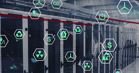 Image of data processing and ecology icons over server room