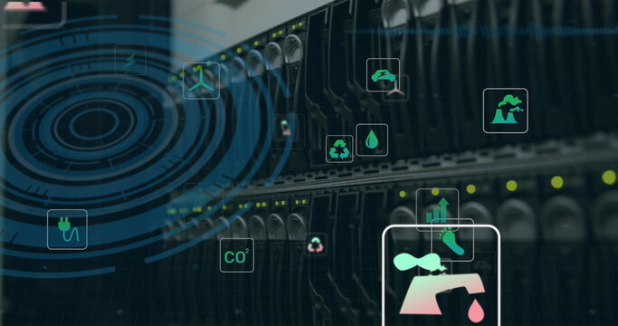 Image of data processing and ecology icons over server room
