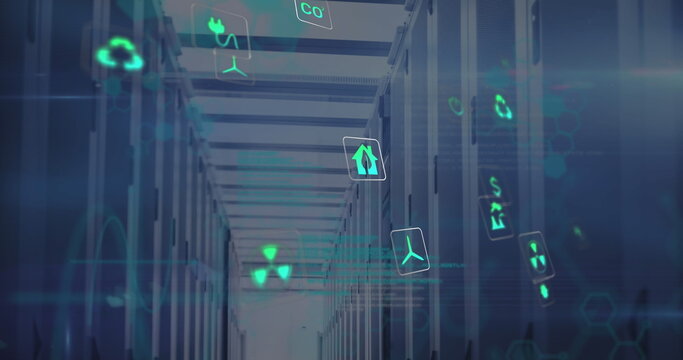 Image of data processing and ecology icons over server room