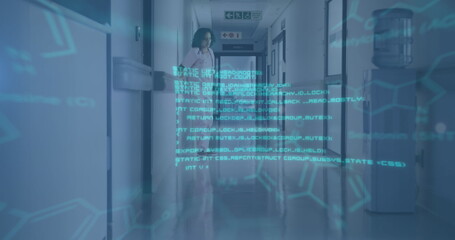 Image of medical data processing over tired biracial female doctor
