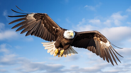 Bald eagle on sky, wildlife conservation concept, photo shot