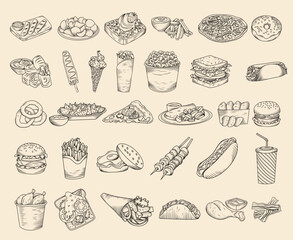 Set of hand drawn fast food illustration (French fries, pizza, taco, hamburger, chips, cheeseburger, sandwich, kebab, hot dog, nuggets etc), vector sketch isolated illustration of street food - obrazy, fototapety, plakaty