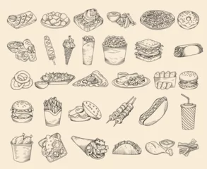 Tapeten Set of hand drawn fast food illustration (French fries, pizza, taco, hamburger, chips, cheeseburger, sandwich, kebab, hot dog, nuggets etc), vector sketch isolated illustration of street food © nastyasklyarova