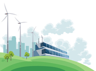 Clean electric energy concept. Renewable electricity resource from wind turbines. Ecological change of the future. City skyline and nature landscape on background