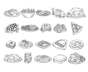 Set of hand drawn culinary dishes illustration (lasagna, steak, turkey, pizza, Belgian waffles, khachapuri, brownie, fish steak, meatloaf etc), vector sketch isolated illustration of food