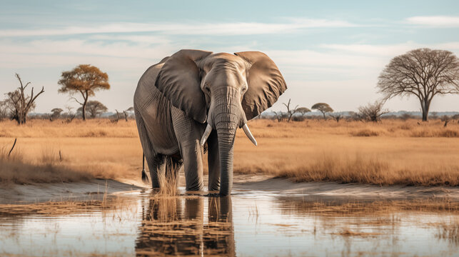 Elephant stands at edge of water hole in Savannah meadow, photo shoot