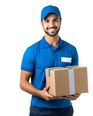 Young delivery boy holding parcel in hands isolated on white background