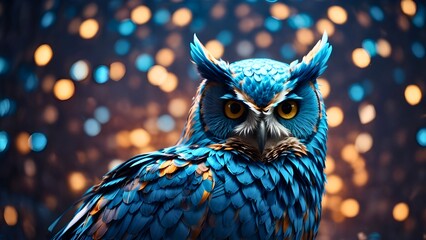 Digital illustration of beautiful owl on a background of blue and orange bokeh lights. Futuristic technologically, sci-fi and fantasy concept
