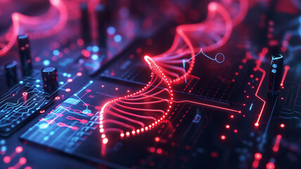 A close-up of a glowing red DNA helix superimposed over a circuit board, symbolizing the convergence of biotechnology and information technology. - obrazy, fototapety, plakaty