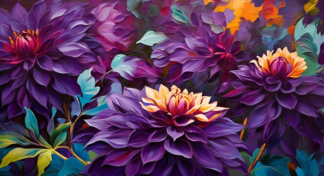 oil painting beautiful dahlia flowers on canvas. Abstract background.