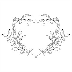Floral heart of greenery, heart arrangement, hand drawn wedding minimalist botanical line art illustration, elegant composition for invitation and save the date card - 757892900