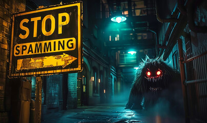 Humorous concept of digital etiquette with a Stop Spamming sign and a menacing mythical creature lurking in a dark, urban alleyway, symbolizing internet trolls and cyber nuisances - obrazy, fototapety, plakaty