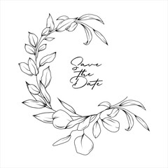 Vector vintage elegant floral wreath of eucalyptus and greenery branches, hand drawn wedding card design, botanical border, hand drawn line art floral illustration - 757892917