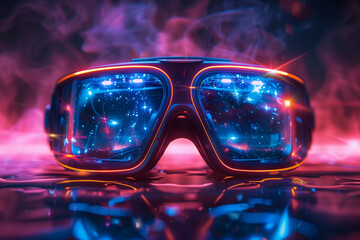 Futuristic CGI Virtual Reality Simulator Glasses on Abstract Background  - obrazy, fototapety, plakaty