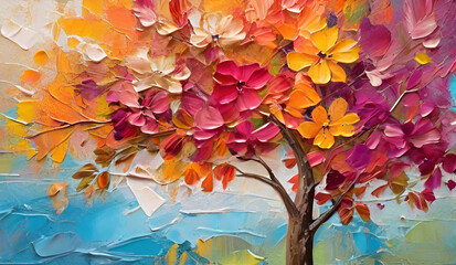 abstract colorful oil paint spring tree painting background.