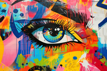 Vibrant graffiti of an eye, blending colors and patterns in a bold, expressive street art piece